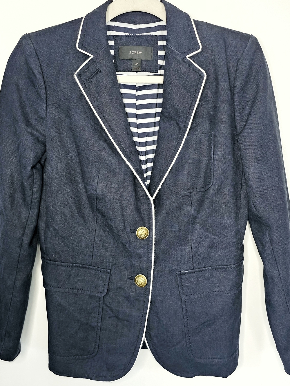 J. Crew Linen Blazer Petite 4 Navy Nautical Gold Button Preppy Coastal Jacket